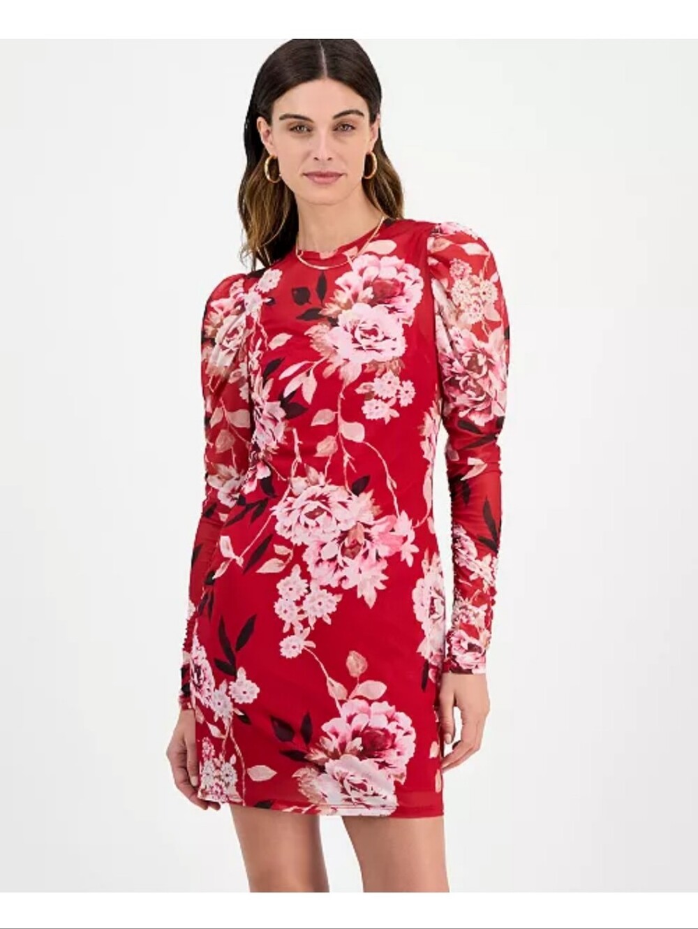 NWT Fourteenth Place Red Pink Floral Sheer Puff Sleeve Ruched Mini Dress Small